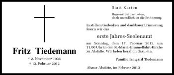 Anzeige von Fritz Tiedemann von Westfälische Nachrichten