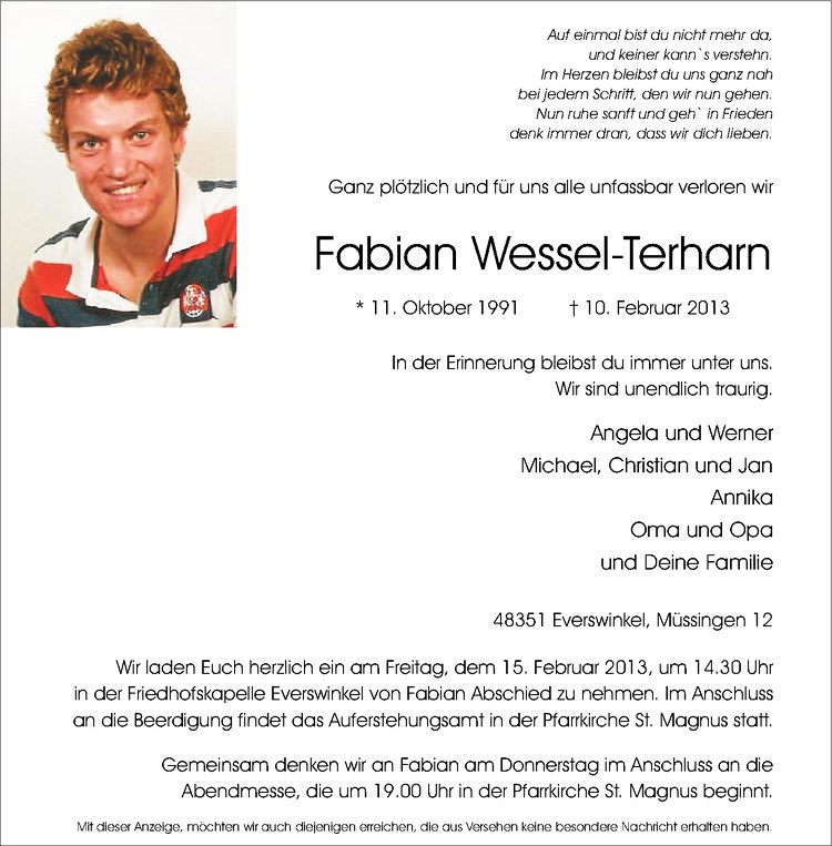  Traueranzeige für Fabian Wessel-Terharn vom 13.02.2013 aus Westfälische Nachrichten