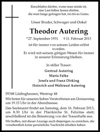 Anzeige von Theodor Autering von Westfälische Nachrichten