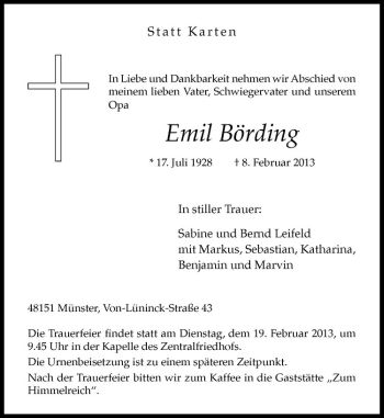 Anzeige von Emil Börding von Westfälische Nachrichten