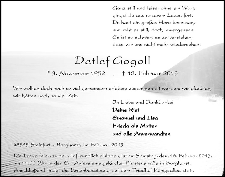  Traueranzeige für Detlef Gogoll vom 14.02.2013 aus Westfälische Nachrichten