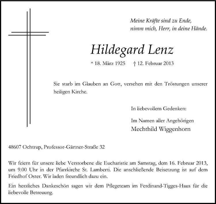  Traueranzeige für Hildegard Lenz vom 14.02.2013 aus Westfälische Nachrichten
