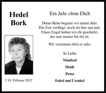 Anzeige von Hedel Bork von Westfälische Nachrichten