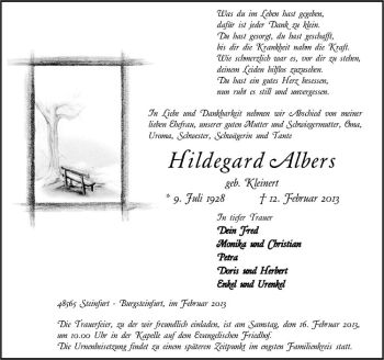 Anzeige von Hildegard Albers von Westfälische Nachrichten