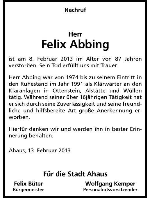  Traueranzeige für Felix Abbing vom 14.02.2013 aus Westfälische Nachrichten