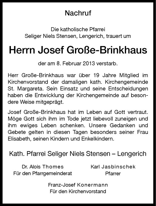  Traueranzeige für Josef Große-Brinkhaus vom 15.02.2013 aus Westfälische Nachrichten