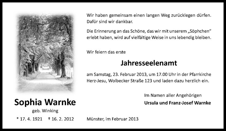  Traueranzeige für Sophia Warnke vom 16.02.2013 aus Westfälische Nachrichten