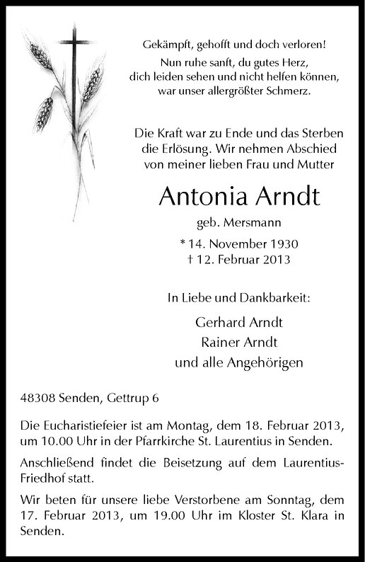  Traueranzeige für Antonia Arndt vom 15.02.2013 aus Westfälische Nachrichten