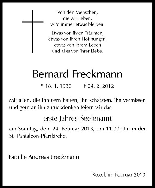  Traueranzeige für Bernard Freckmann vom 16.02.2013 aus Westfälische Nachrichten