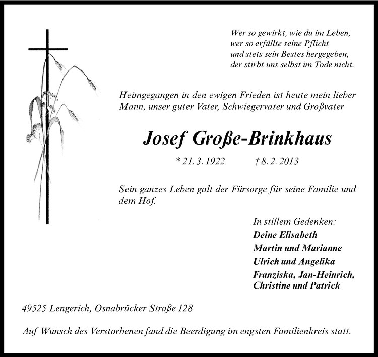  Traueranzeige für Josef Große-Brinkhaus vom 15.02.2013 aus Westfälische Nachrichten