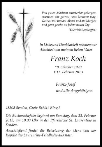 Anzeige von Franz Koch von Westfälische Nachrichten