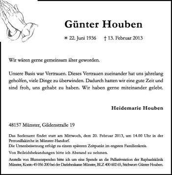 Anzeige von Günter Houben von Westfälische Nachrichten