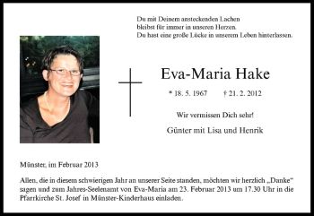 Anzeige von Eva-Maria Hake von Westfälische Nachrichten