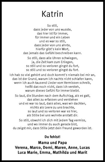 Anzeige von Katrin Hörst von Westfälische Nachrichten