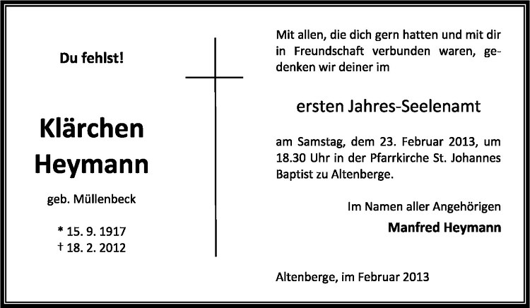  Traueranzeige für Klärchen Heymann vom 18.02.2013 aus Westfälische Nachrichten