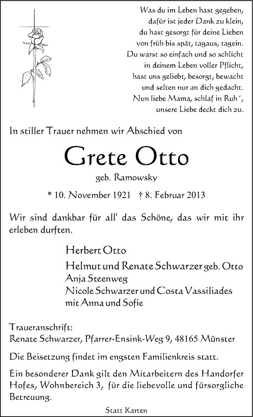  Traueranzeige für Grete Otto vom 16.02.2013 aus Westfälische Nachrichten