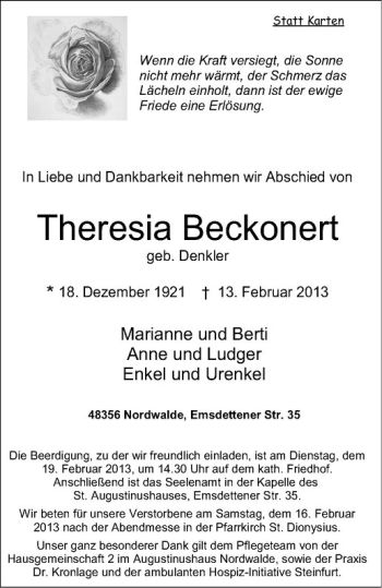 Anzeige von Theresia Beckonert von Westfälische Nachrichten