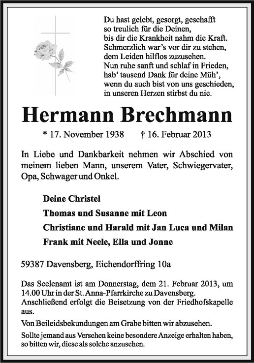  Traueranzeige für Hermann Brechmann vom 18.02.2013 aus Westfälische Nachrichten