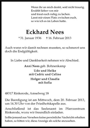 Anzeige von Eckhard Nees von Westfälische Nachrichten