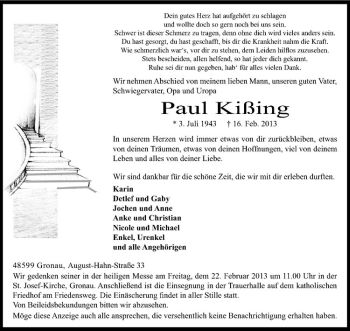Anzeige von Paul Kißing von Westfälische Nachrichten