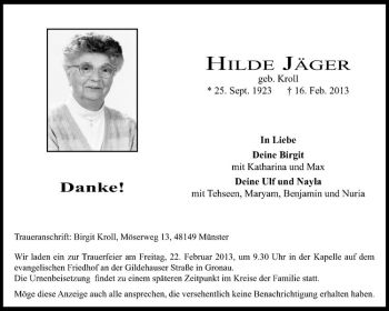 Anzeige von Hilde Jäger von Westfälische Nachrichten