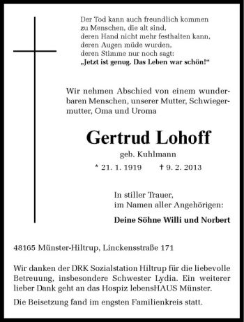 Anzeige von Gertrud Lohoff von Westfälische Nachrichten