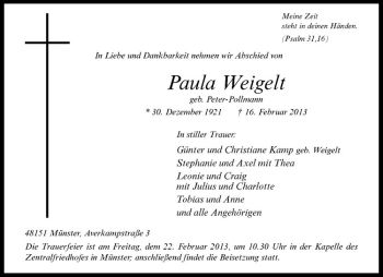 Anzeige von Paula Weigelt von Westfälische Nachrichten