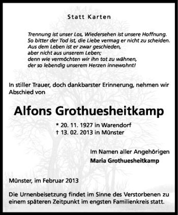 Anzeige von Alfons Grothuesheitkamp von Westfälische Nachrichten