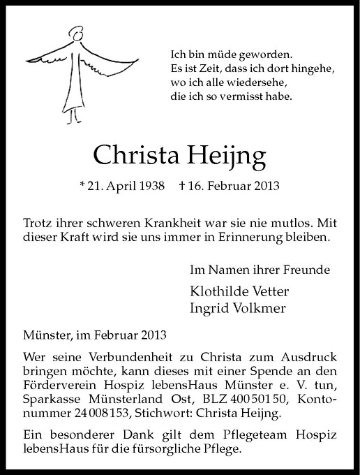  Traueranzeige für Christa Heijng vom 23.02.2013 aus Westfälische Nachrichten