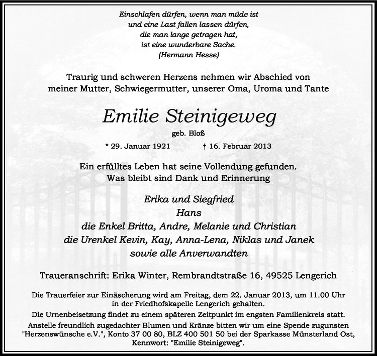  Traueranzeige für Emilie Steinigeweg vom 19.02.2013 aus Westfälische Nachrichten