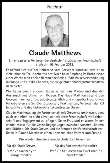 Anzeige von Claude Matthews von Westfälische Nachrichten