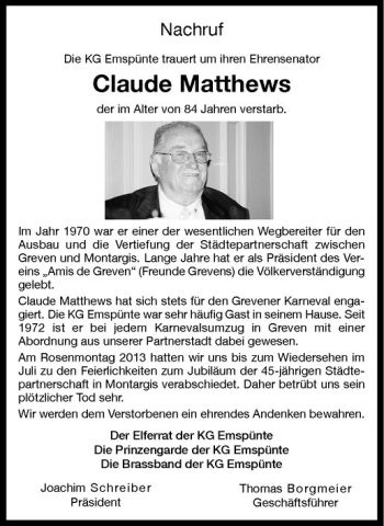 Anzeige von Claude Matthews von Westfälische Nachrichten