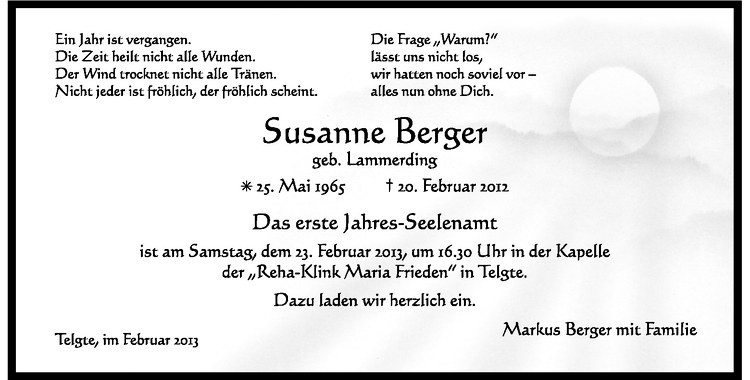  Traueranzeige für Susanne Berger vom 20.02.2013 aus Westfälische Nachrichten