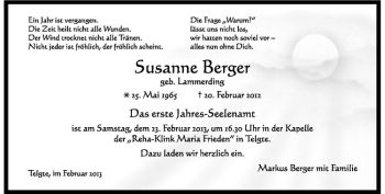 Anzeige von Susanne Berger von Westfälische Nachrichten