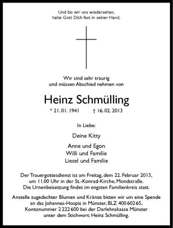 Anzeige von Heinz Schmülling von Westfälische Nachrichten