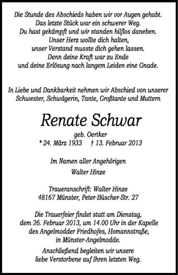 Anzeige von Renate Schwar von Westfälische Nachrichten