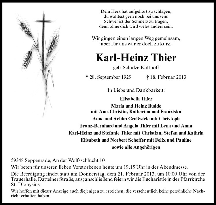  Traueranzeige für Karl-Heinz Thier vom 20.02.2013 aus Westfälische Nachrichten