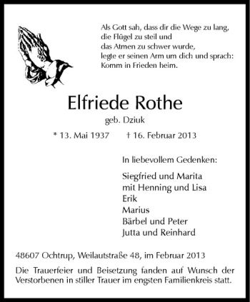 Anzeige von Elfriede Rothe von Westfälische Nachrichten