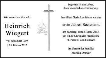 Anzeige von Heinrich Wiegert von Westfälische Nachrichten