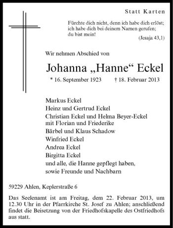 Anzeige von Johanna Eckel von Westfälische Nachrichten