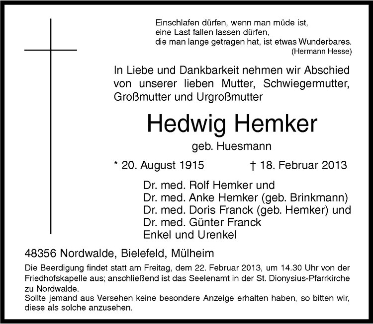  Traueranzeige für Hedwig Hemker vom 20.02.2013 aus Westfälische Nachrichten