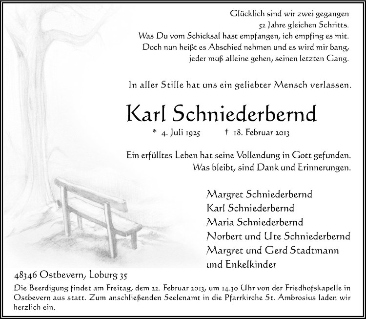  Traueranzeige für Karl Schniederbern vom 20.02.2013 aus Westfälische Nachrichten
