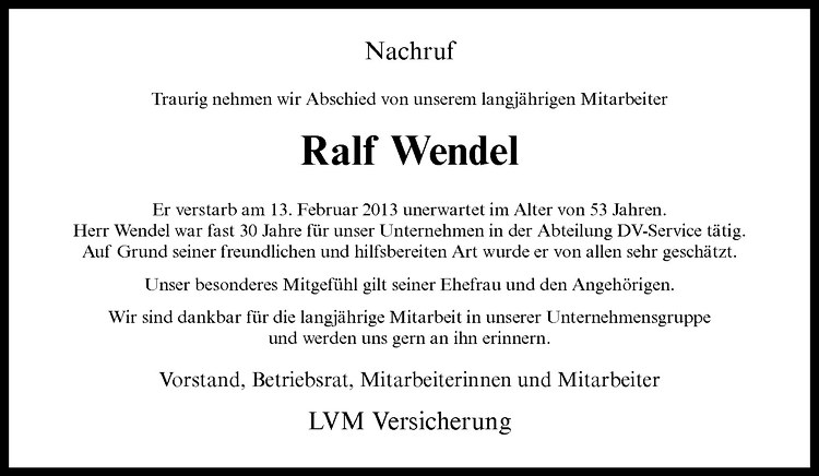  Traueranzeige für Ralf Wendel vom 21.02.2013 aus Westfälische Nachrichten