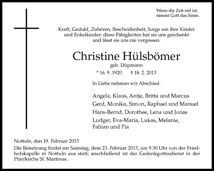  Traueranzeige für Christine Hülsbömer vom 21.02.2013 aus Westfälische Nachrichten