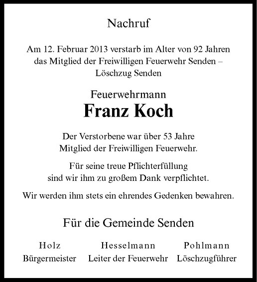  Traueranzeige für Franz Koch vom 21.02.2013 aus Westfälische Nachrichten