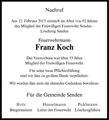 Anzeige von Franz Koch von Westfälische Nachrichten