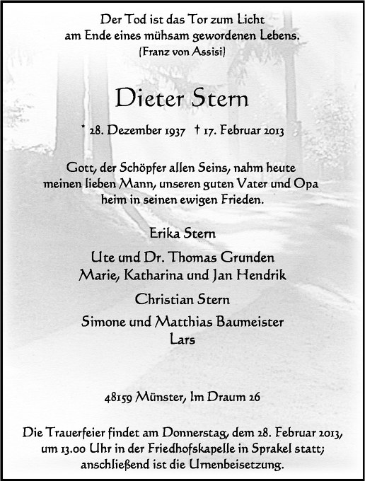  Traueranzeige für Dieter Stern vom 23.02.2013 aus Westfälische Nachrichten