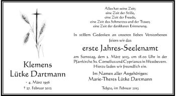 Anzeige von Klemens Lütke Dartmann von Westfälische Nachrichten