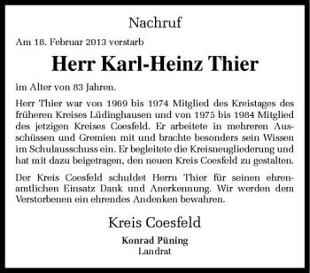 Anzeige von Karl-Heinz Thier von Westfälische Nachrichten