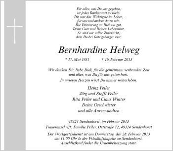 Anzeige von Bernhardine Helweg von Westfälische Nachrichten